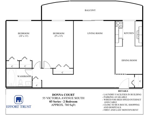 A floor plan for a property at Donna Court, 55 Victoria Avenue South, shows two bedrooms, a living room, a kitchen, a dining room, and a washroom.